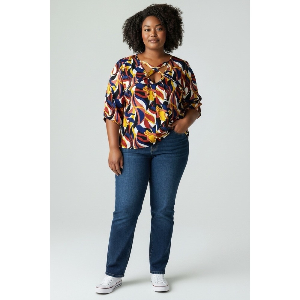 Ashley Stewart 22/24W Abstract Print Keyhole Blouse 3/4 Sleeve NWT Plus Size